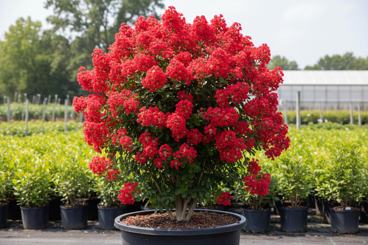 Dynamite crape myrtle with brilliant cherry-red blooms in nursery container