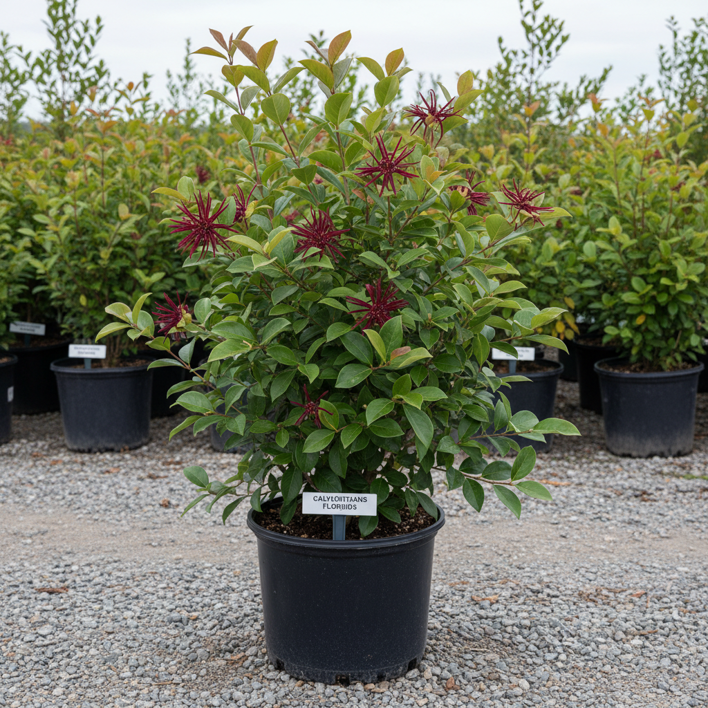 Calycanthus floridus Carolina Sweetshrub in black nursery trade container, upright deciduous shrub with glossy dark green leaves and burgundy-red fragrant flowers, outdoor nursery lot background