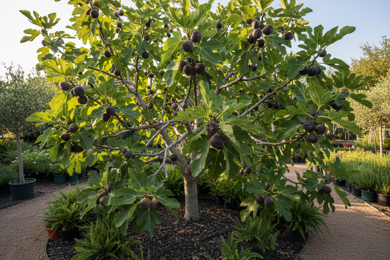 Mature fig tree with large lobed green leaves and ripe purple-brown figs