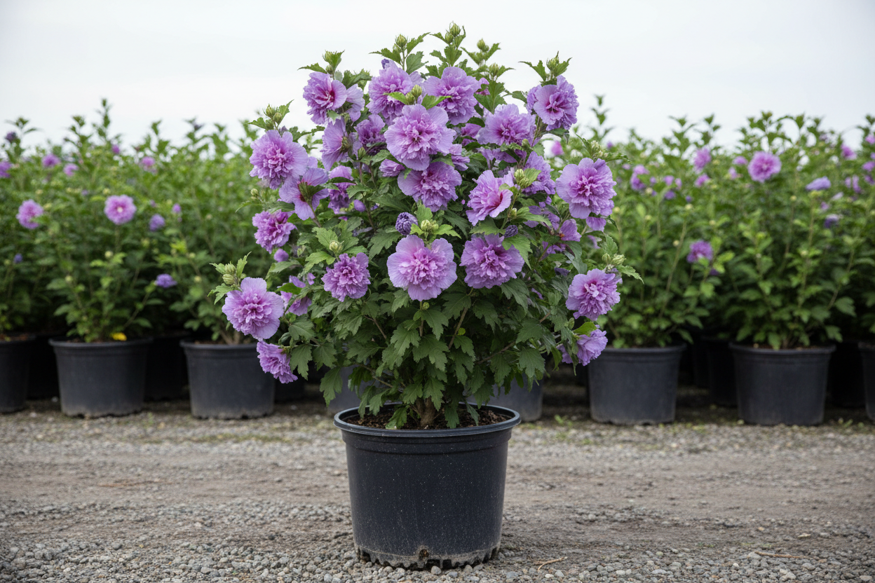 Althea 'Ardens' Rose of Sharon with double purple-lavender flowers in black nursery container