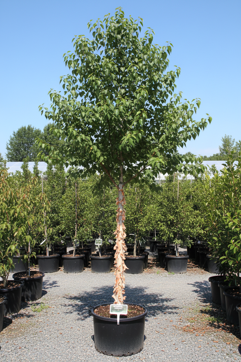Heritage River Birch 12 feet tall with creamy white exfoliating bark in a large nursery container