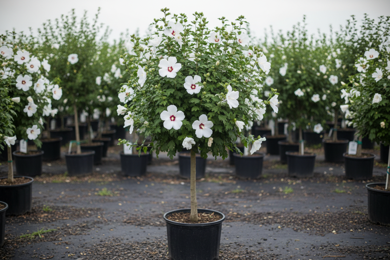Althea 'Diana' Rose of Sharon in tree form with pure white flowers in black nursery container