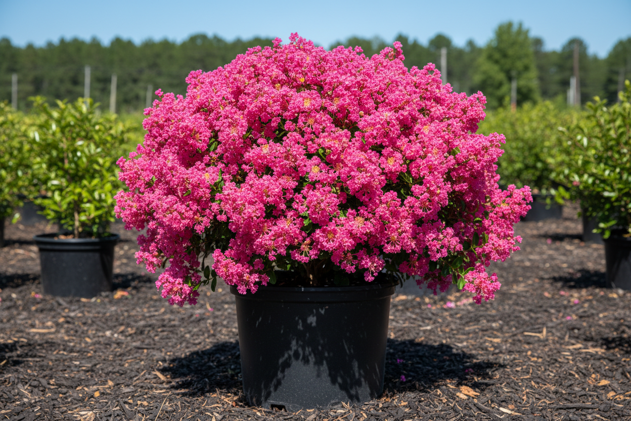 Pocomoke dwarf crape myrtle shrub with bright pink blooms in nursery container