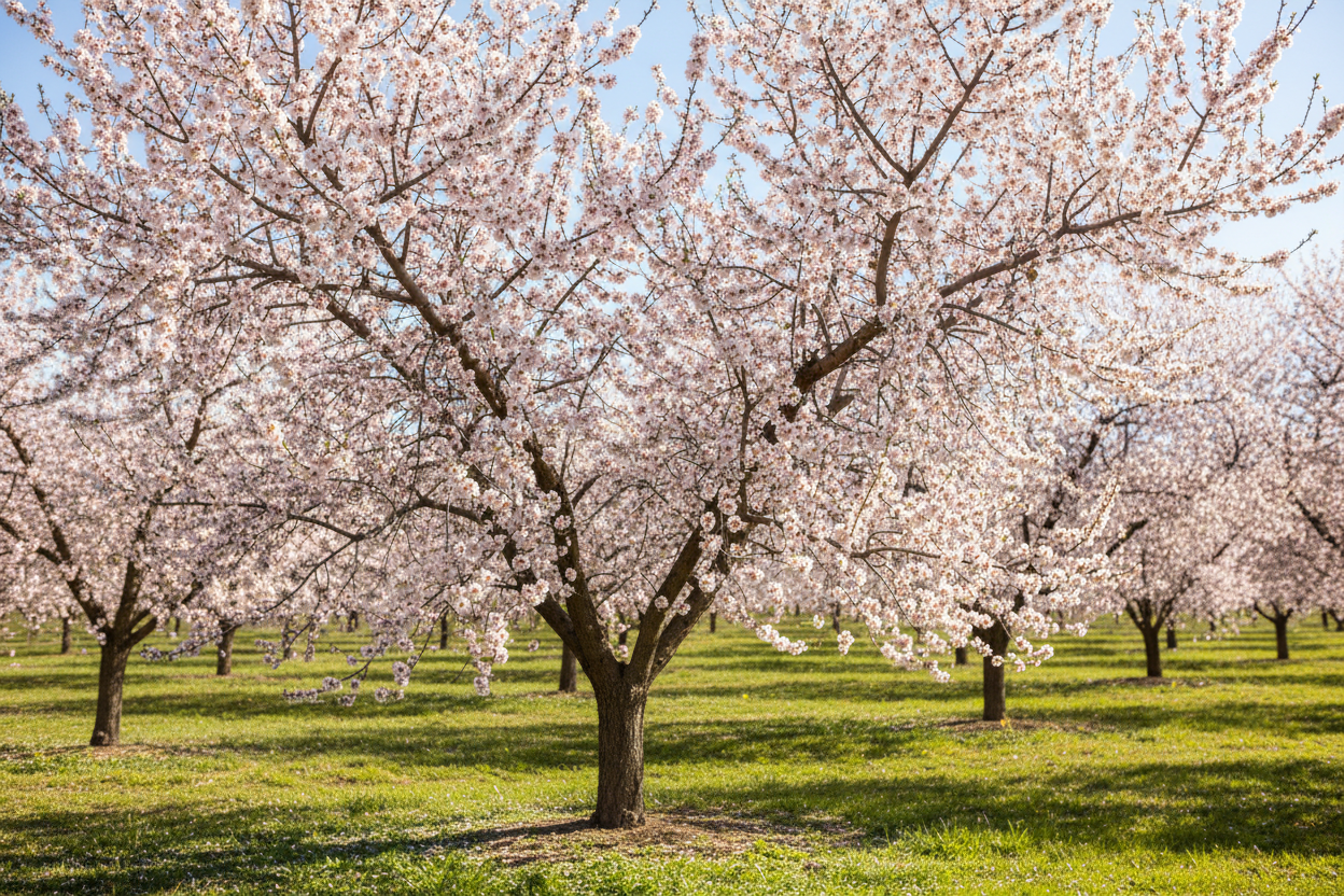 Monterey almond tree in full bloom with white-pink blossoms