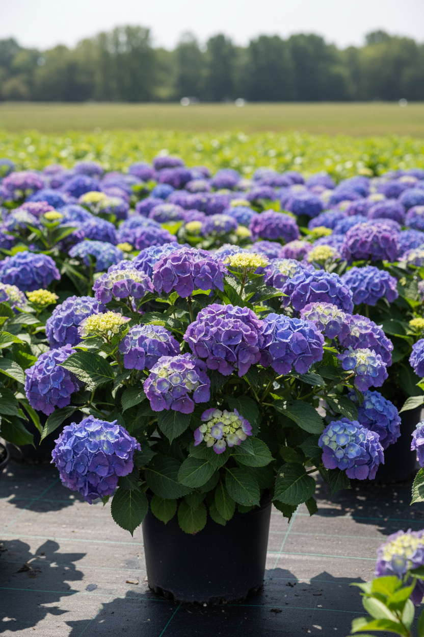 Wee Bit Grumpy bigleaf hydrangea in full bloom with rich blue-purple mophead flowers