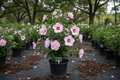 Althea 'Lady Stanley' Rose of Sharon with soft pink semi-double flowers in black nursery container