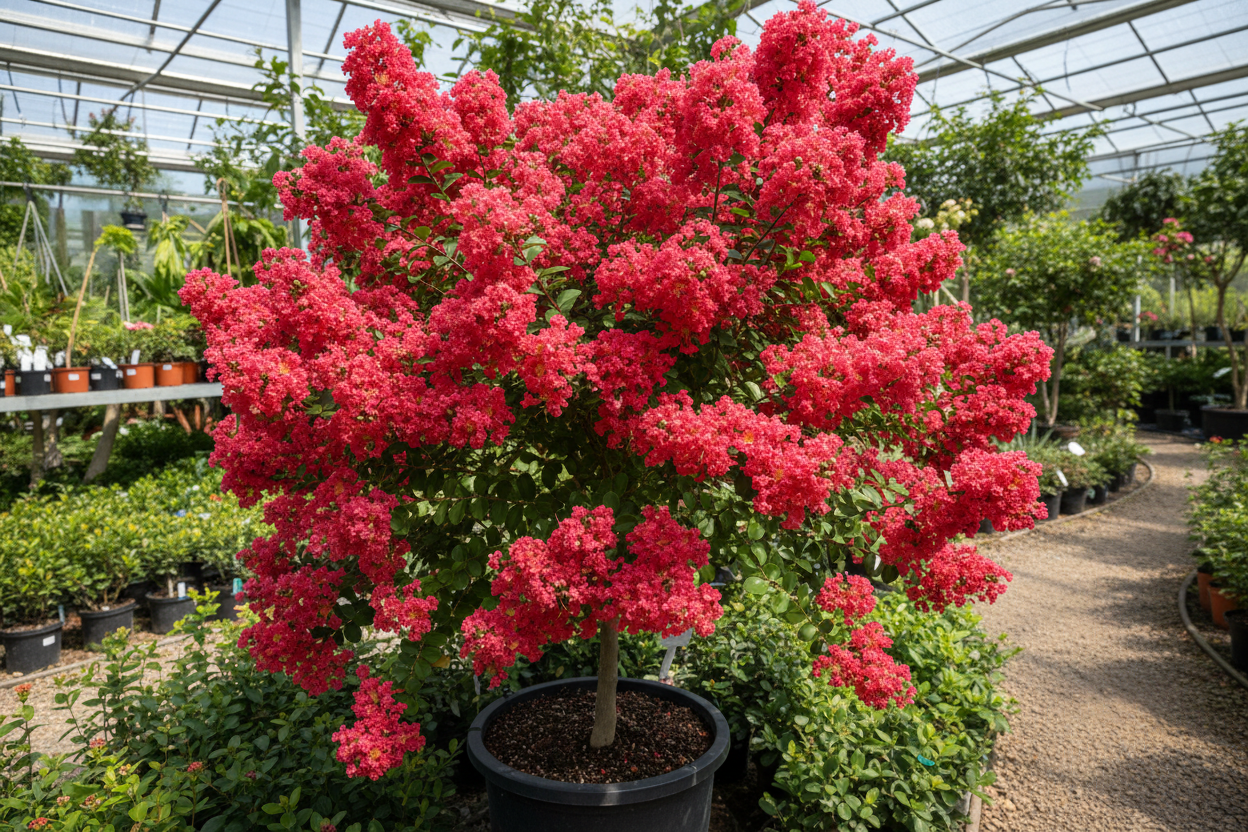 Watermelon Red crape myrtle tree in full bloom