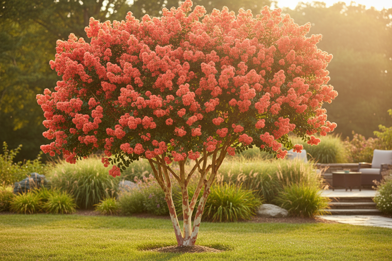 Sunset Magic crape myrtle with coral-salmon blooms in elegant multi-trunk tree form
