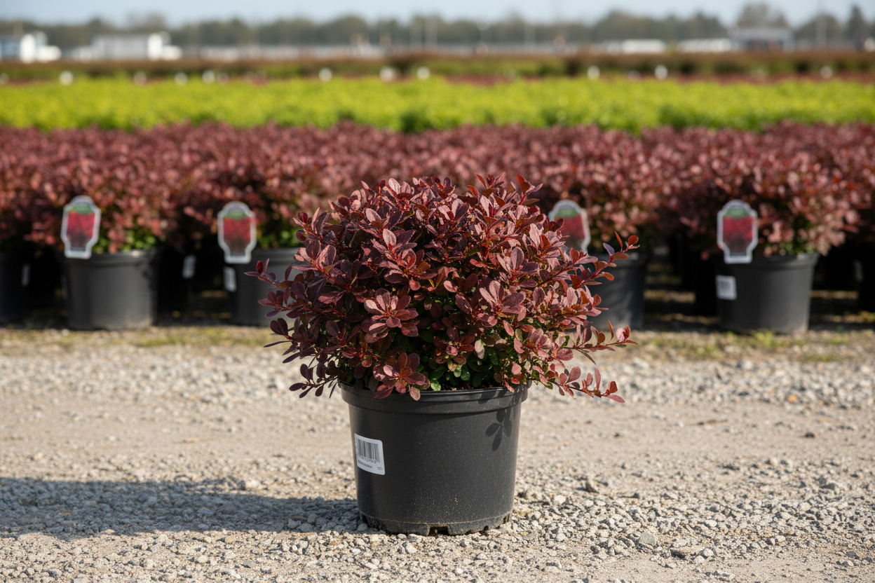 Sunjoy Neo Barberry compact mounded shrub with rich burgundy-red foliage, nursery stock