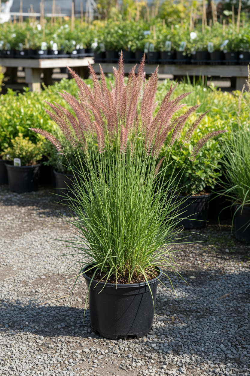 Karl Foerster Feather Reed Grass in black nursery pot with tall upright clumps and feathery plumes at garden center