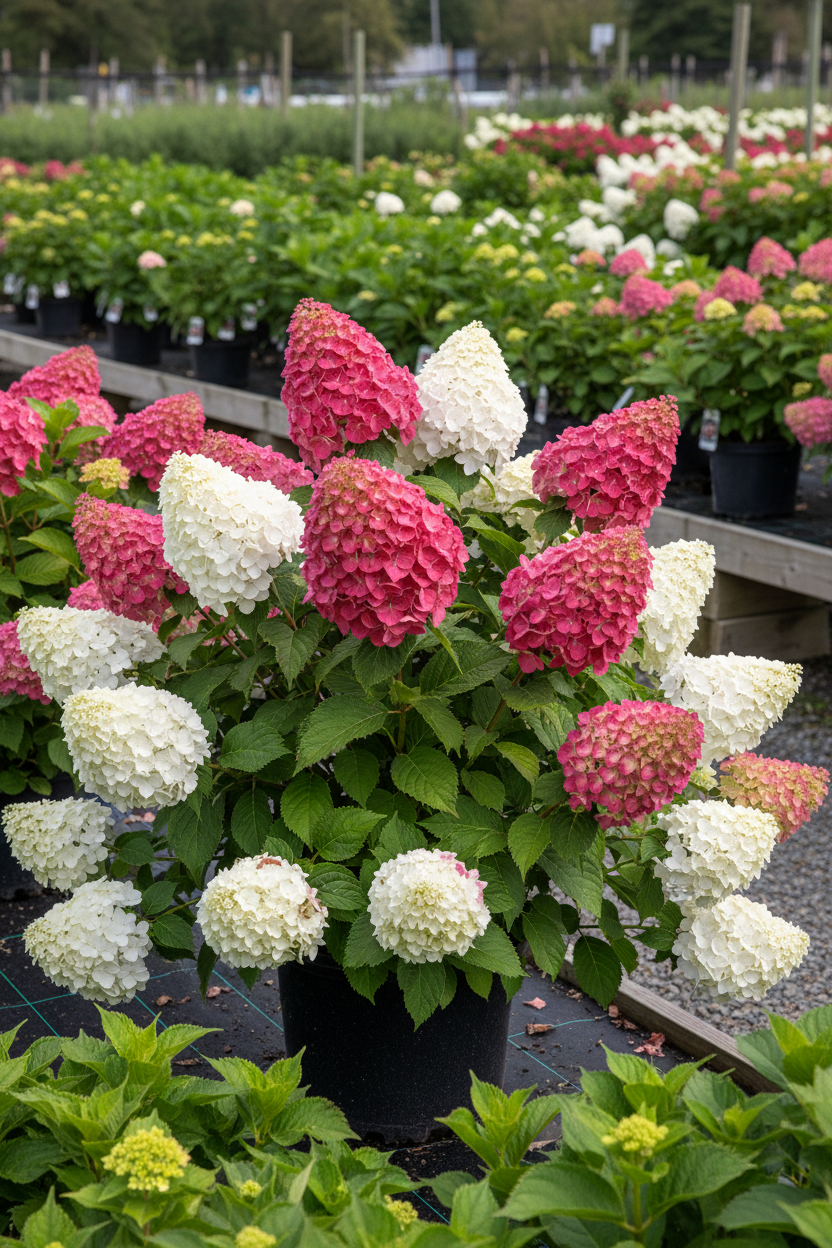 Zinfin Doll Hardy Hydrangea in full bloom with white to deep rose-pink flower panicles