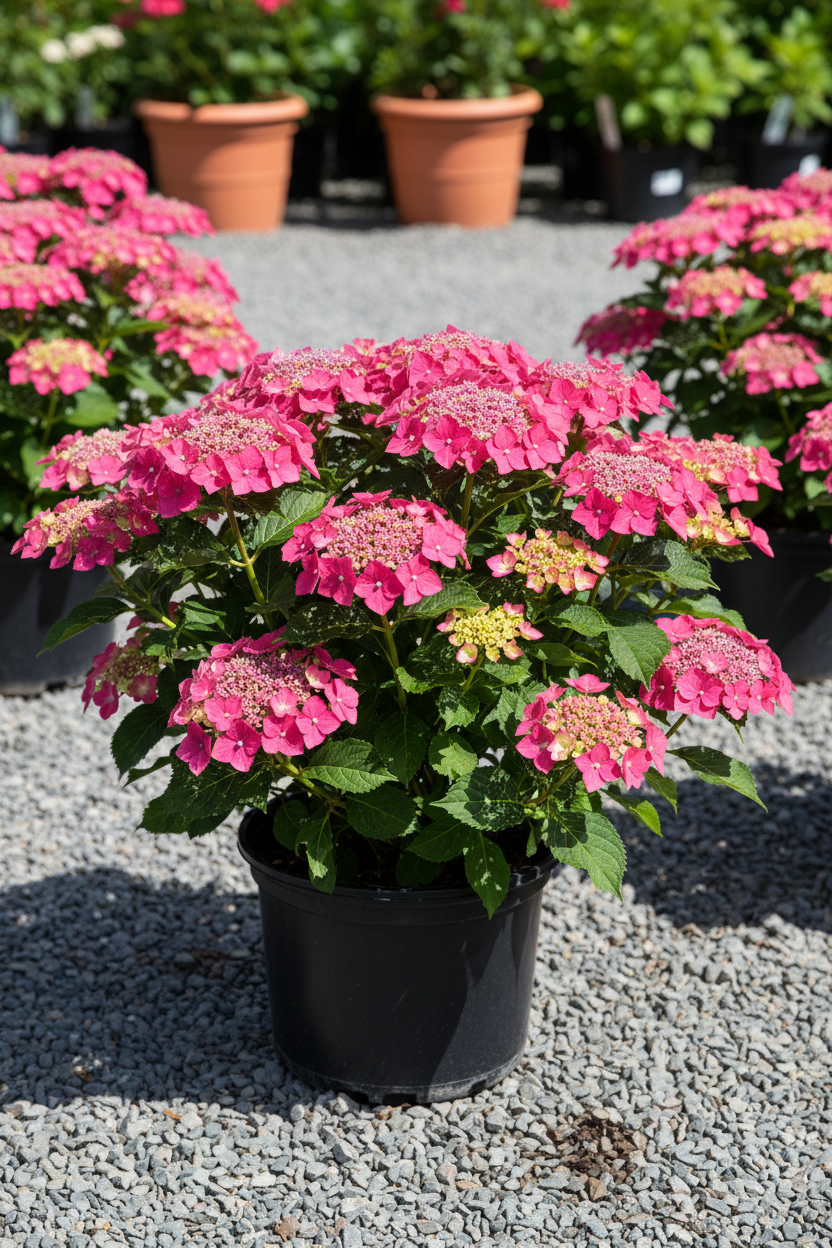 Pink Dynamo mountain hydrangea in black nursery pot with large vivid pink lacecap flower clusters