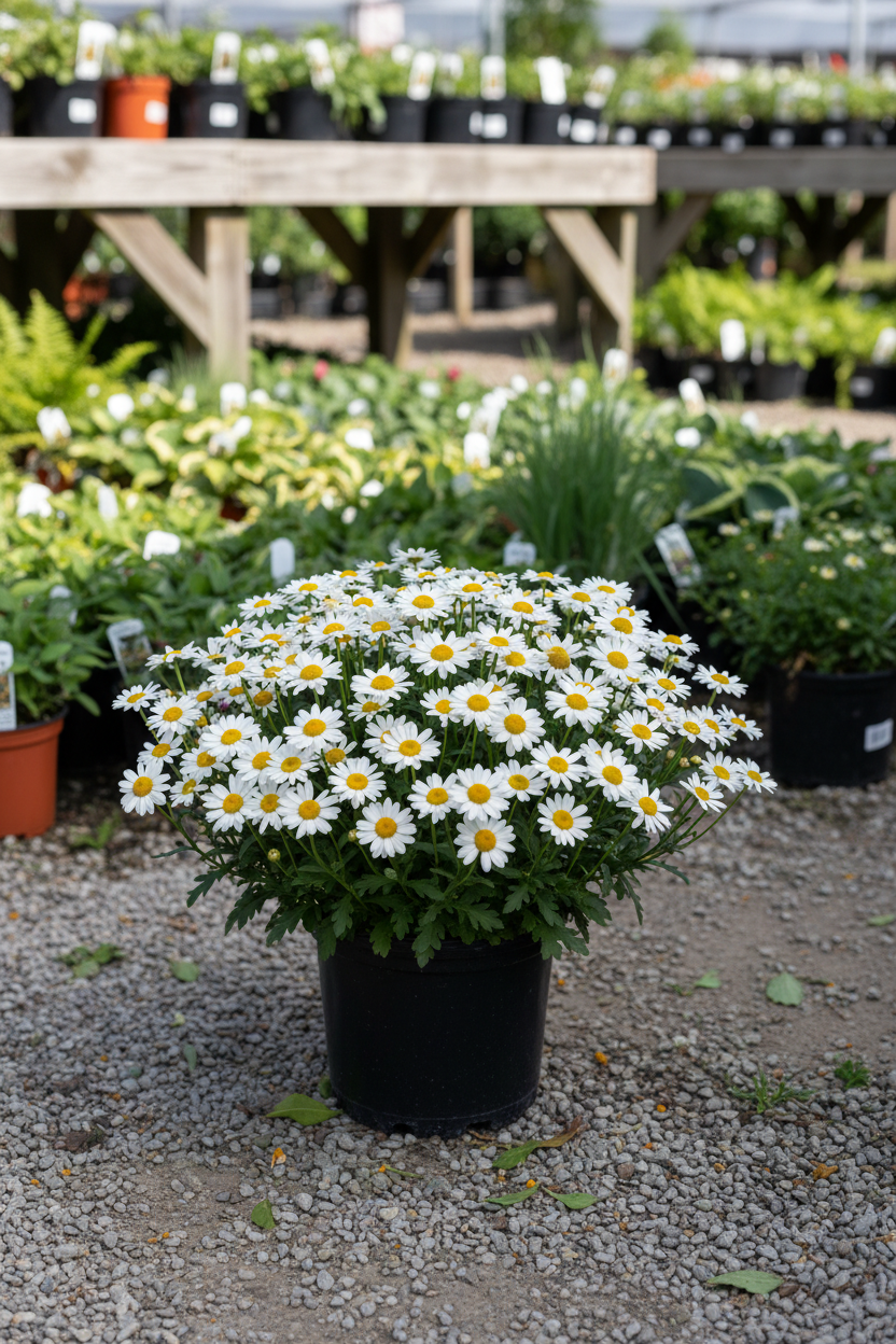 Daisy perennial in black nursery pot with white blooms and yellow centers at garden center