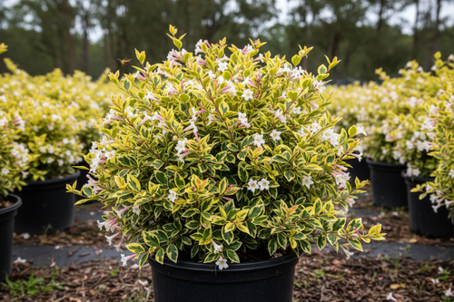 Abelia 'Radiance' variegated shrub in black nursery container