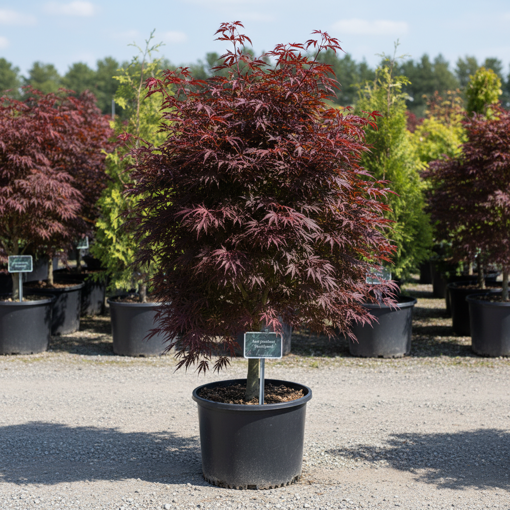 Bloodgood Japanese Maple in black nursery trade container, deep burgundy-red foliage, outdoor nursery lot background