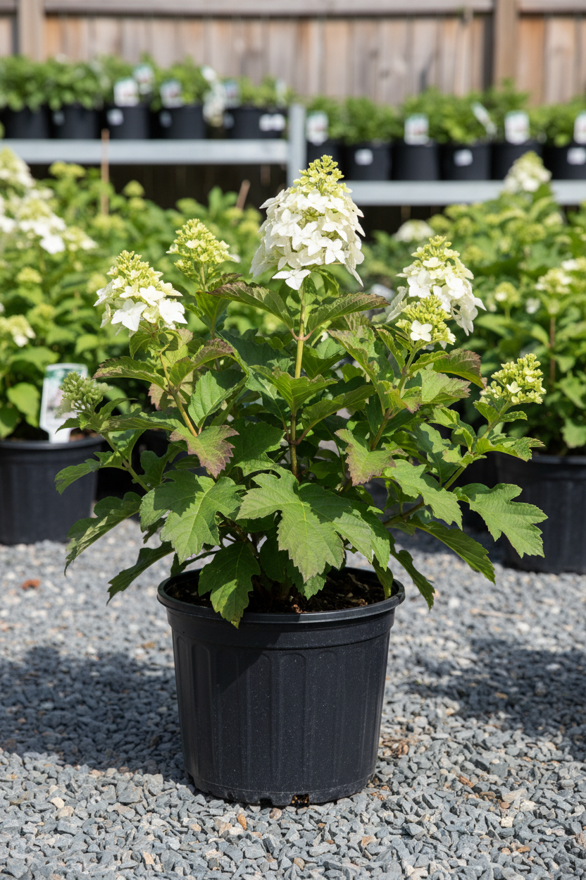 Sike's Dwarf oakleaf hydrangea in black nursery pot with white cone-shaped panicles and oak-shaped leaves