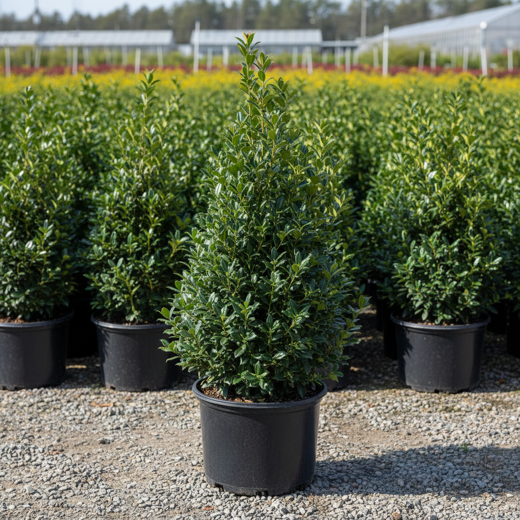 Blue Prince Holly in black nursery trade container, dense upright evergreen with glossy dark blue-green spiny leaves, outdoor nursery lot background