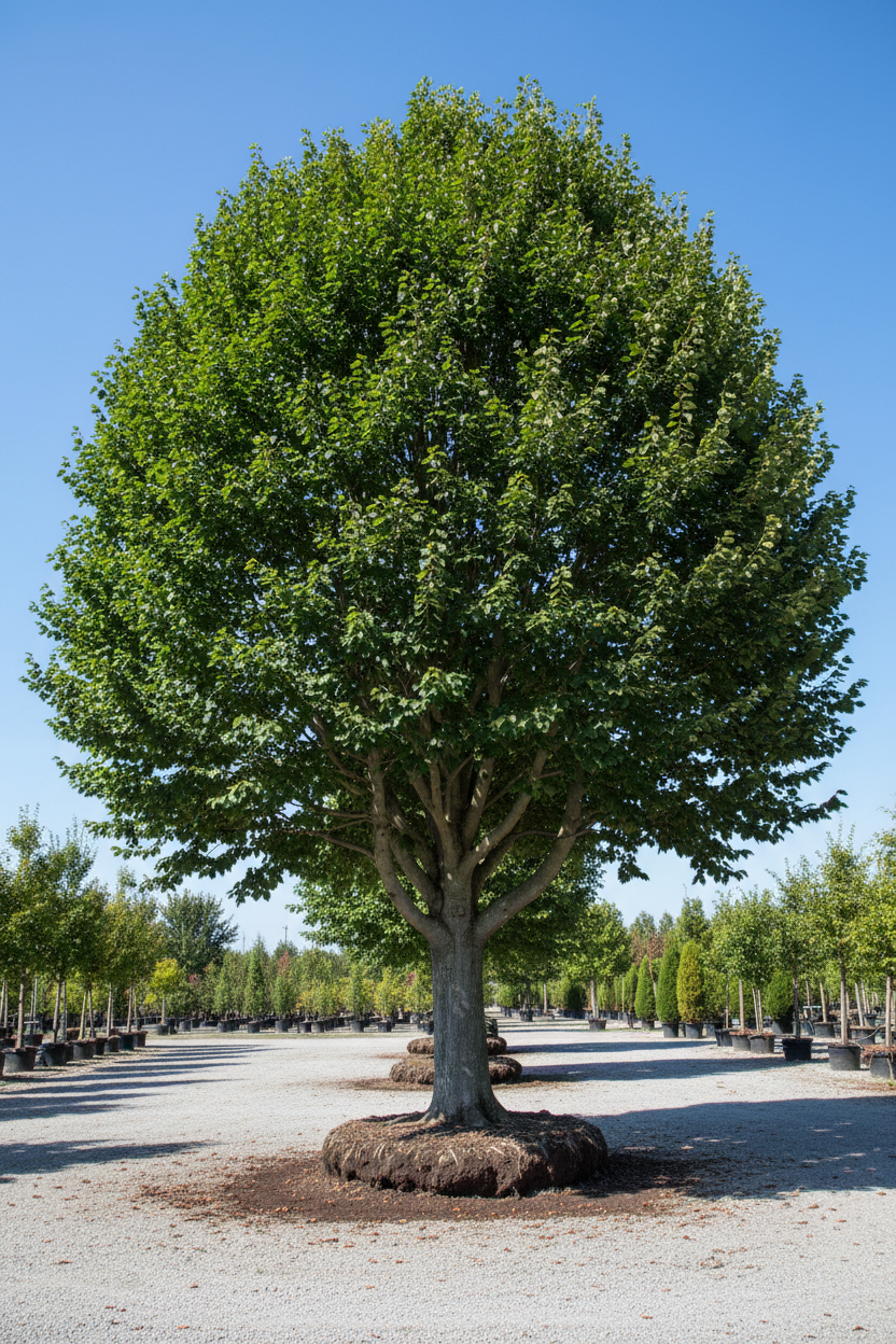 American Beech tree full view, smooth silver-gray bark and broad canopy with glossy green leaves, nursery stock
