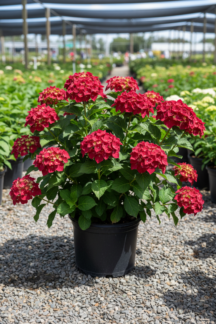 Invincibelle Ruby smooth hydrangea in black nursery pot with large round deep ruby red flower clusters