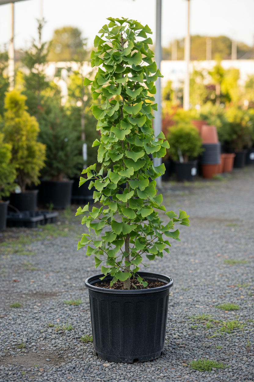 Ginkgo biloba tree 4-5 feet tall in 7 gallon black nursery pot with fan-shaped green leaves at garden center