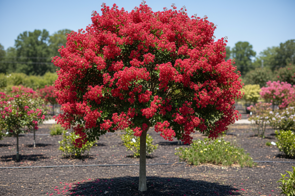 Country Red crape myrtle tree form with deep red blooms