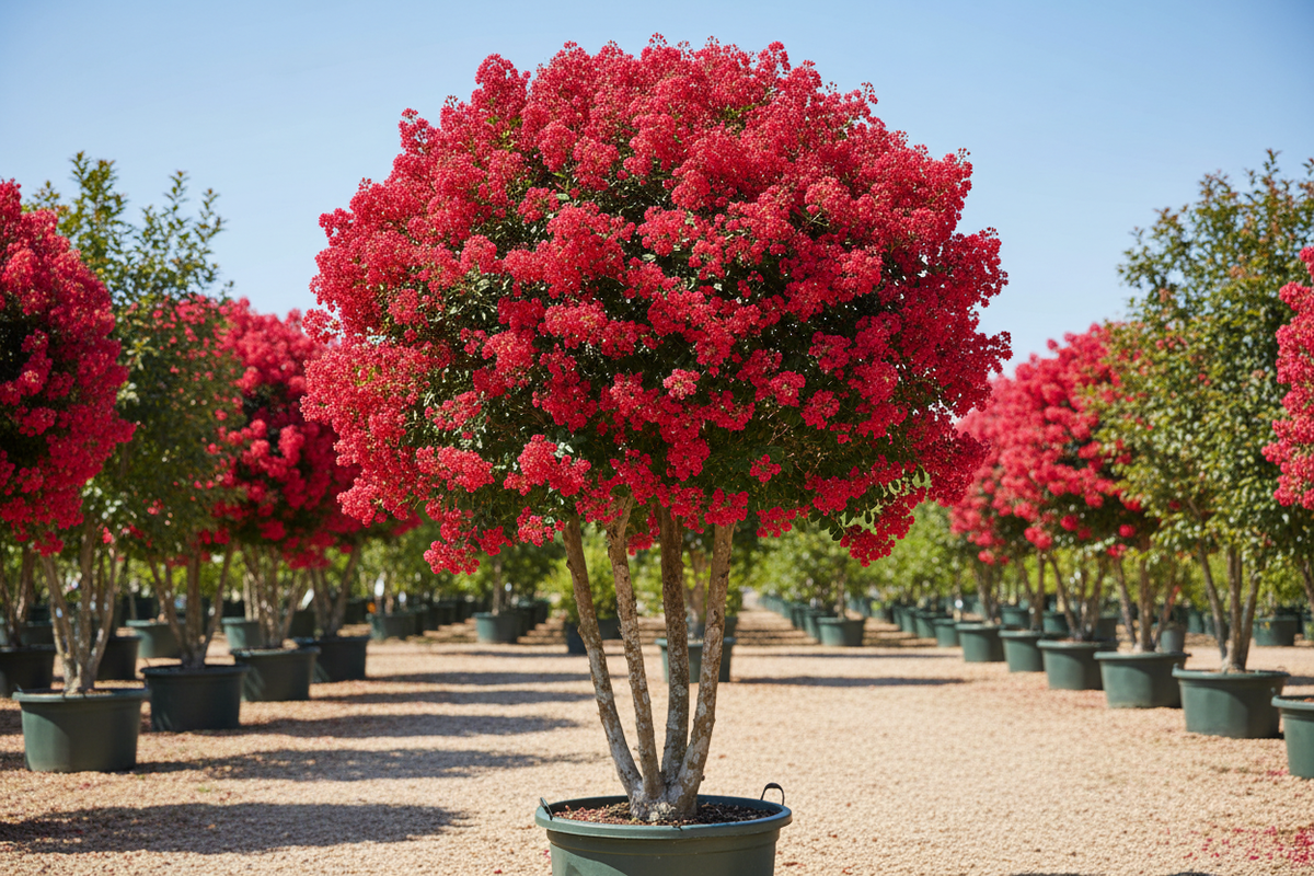 Colorama Scarlet crape myrtle with intense scarlet-red blooms in tree form