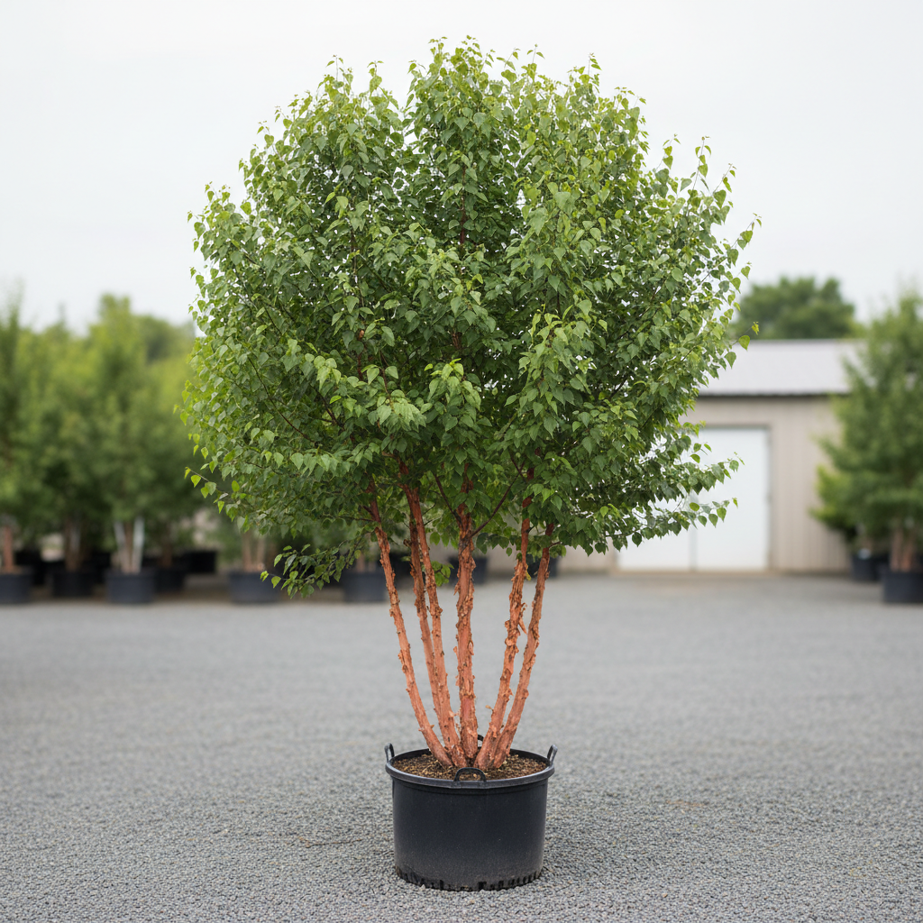 Heritage® River Birch clump form in 30-gallon nursery container, approximately 11 feet tall, with exfoliating salmon-pink and cinnamon peeling bark