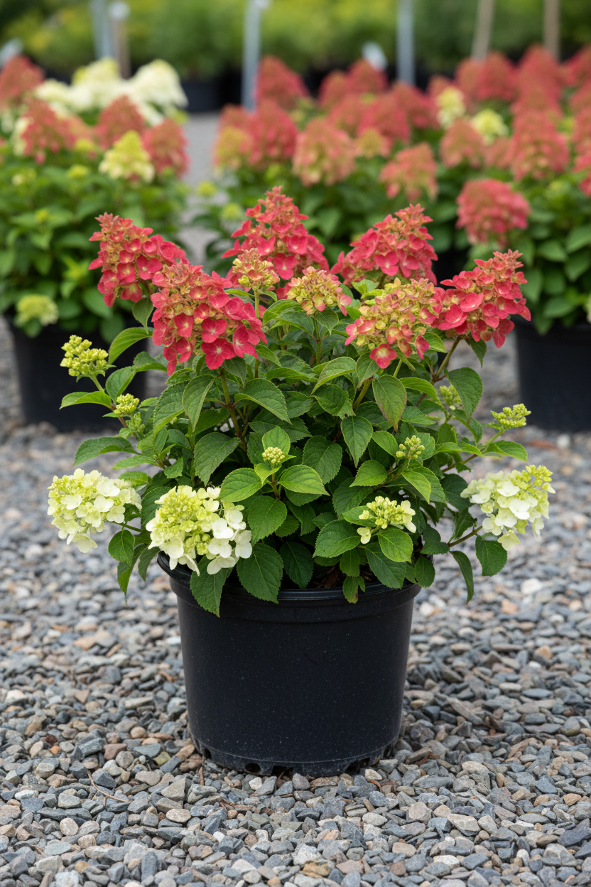 Fire Light Tidbit dwarf panicle hydrangea in black nursery pot with small white to strawberry red panicles