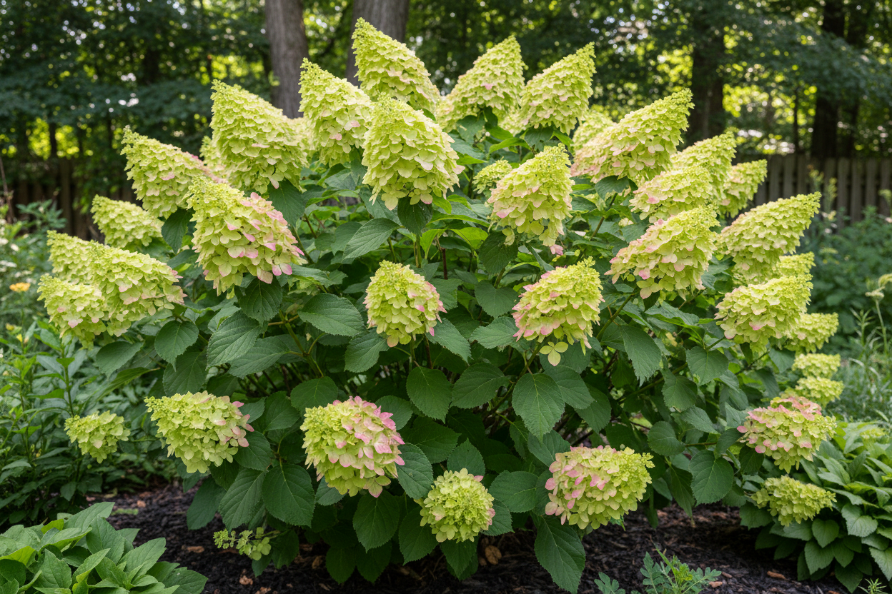 Limelight Hardy Hydrangea in full bloom with large lime green flower panicles