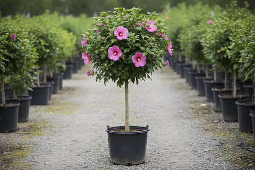 Althea 'Aphrodite' Rose of Sharon in tree form with deep rose-pink flowers in black nursery container