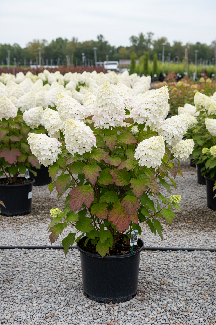 Toy Soldier Oakleaf Hydrangea in black nursery container with large white cone-shaped panicles and oak-shaped leaves