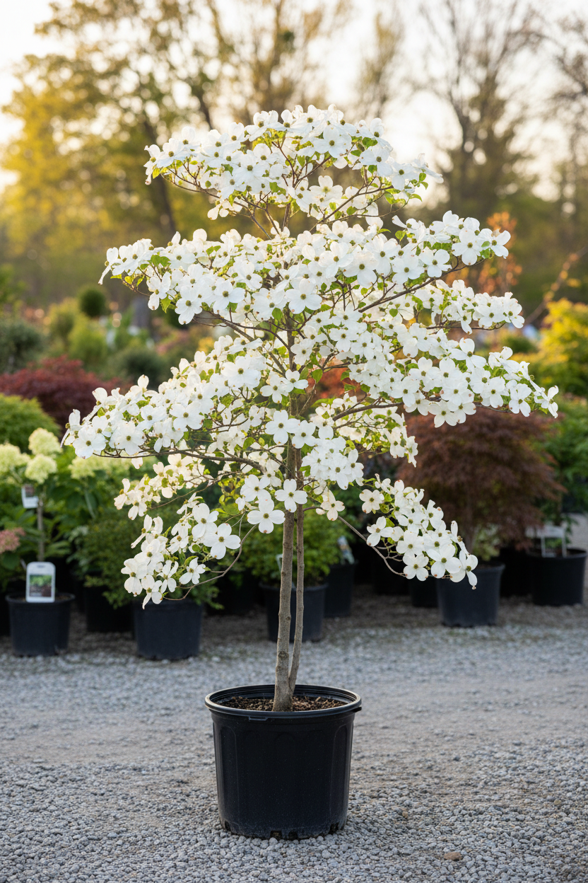 Cherokee Princess Dogwood in black nursery pot covered in large white blooms at garden center