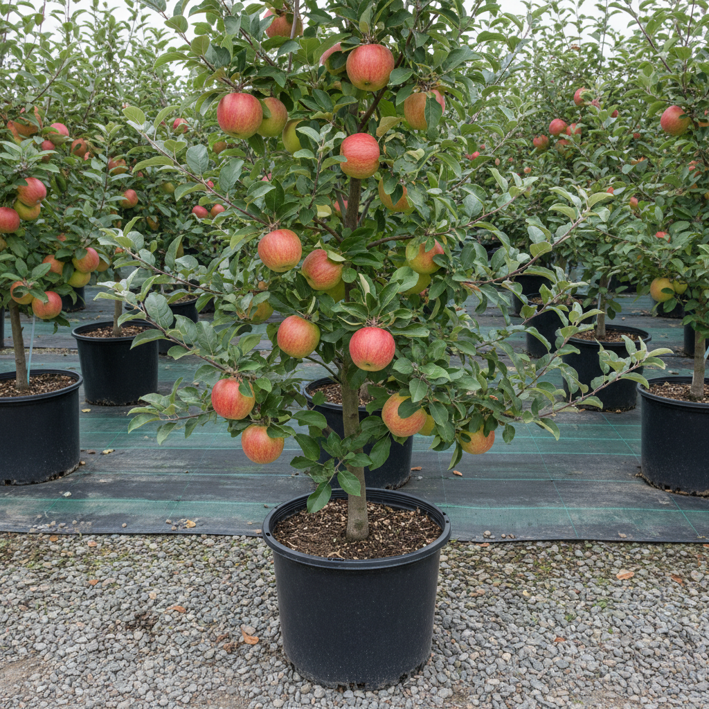 Cameo Apple tree in black nursery trade container with red-striped yellow-green apples, outdoor nursery lot background