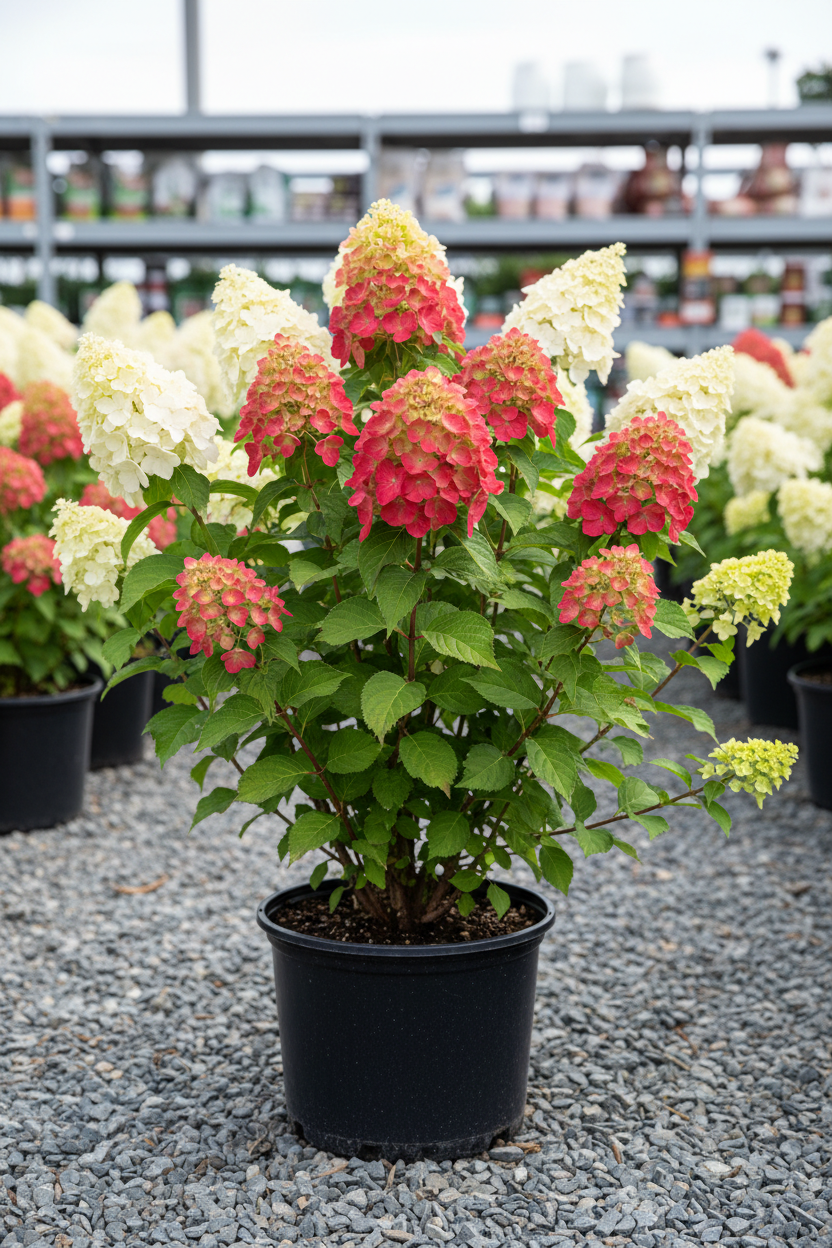 Fire Light panicle hydrangea in black nursery pot with large white to strawberry red cone-shaped panicles