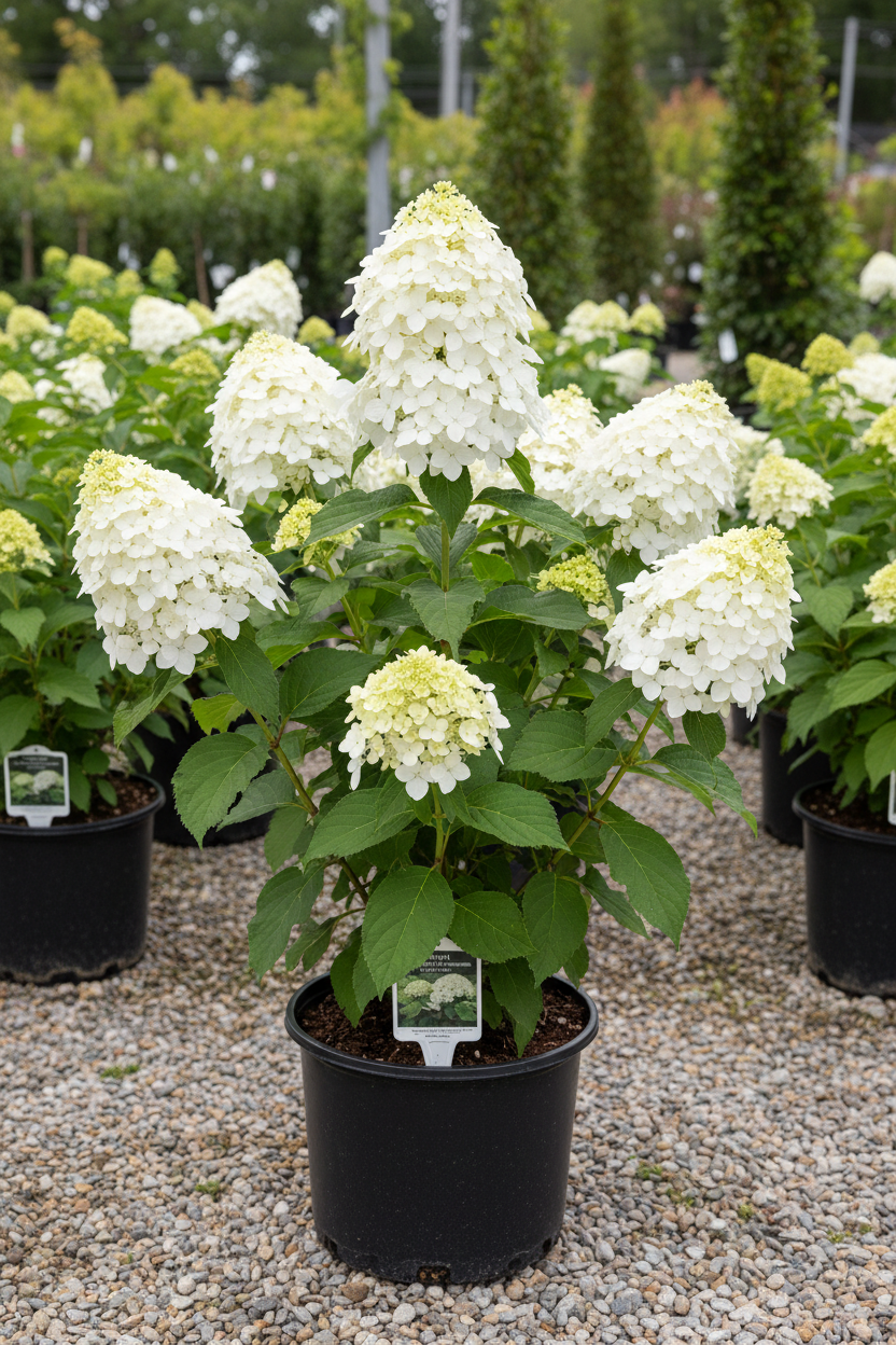 Chantilly Lace panicle hydrangea in black nursery pot with large white lacecap flowers