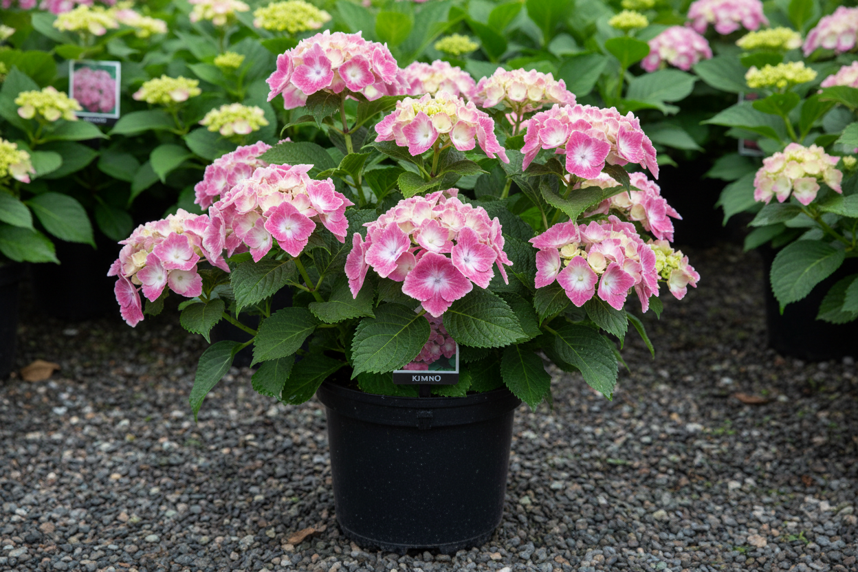 Kimono Reblooming Hydrangea nursery stock photo