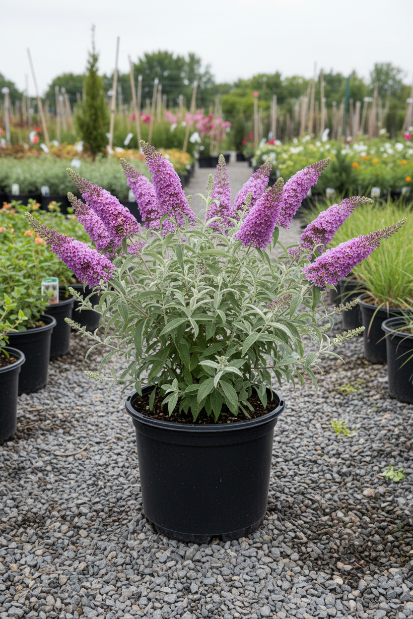 Dapper Lavender Butterfly Bush in black nursery pot with lavender-purple flower spikes at garden center