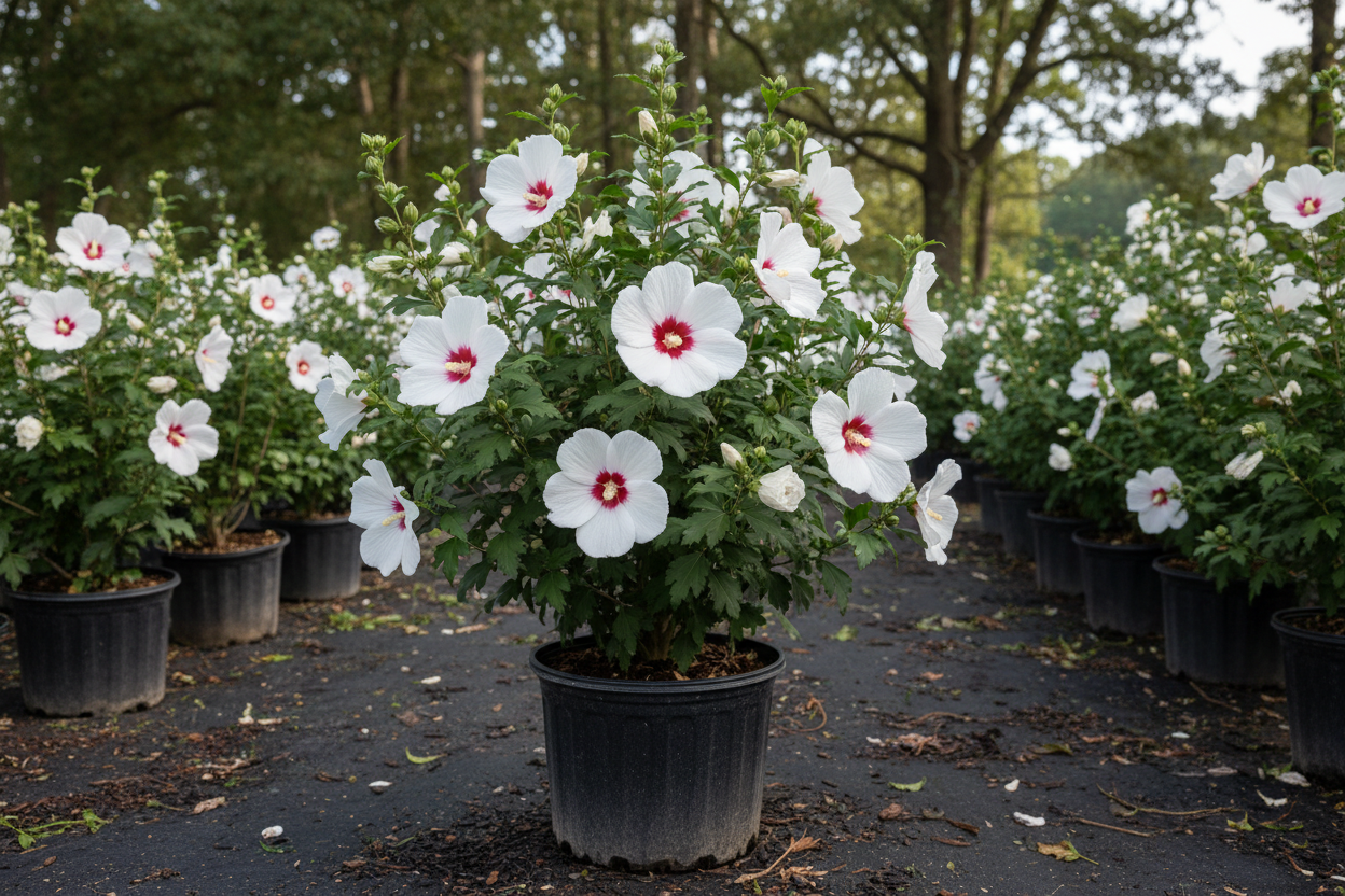 Althea 'Red Heart' Rose of Sharon with white flowers and deep red eye in black nursery container