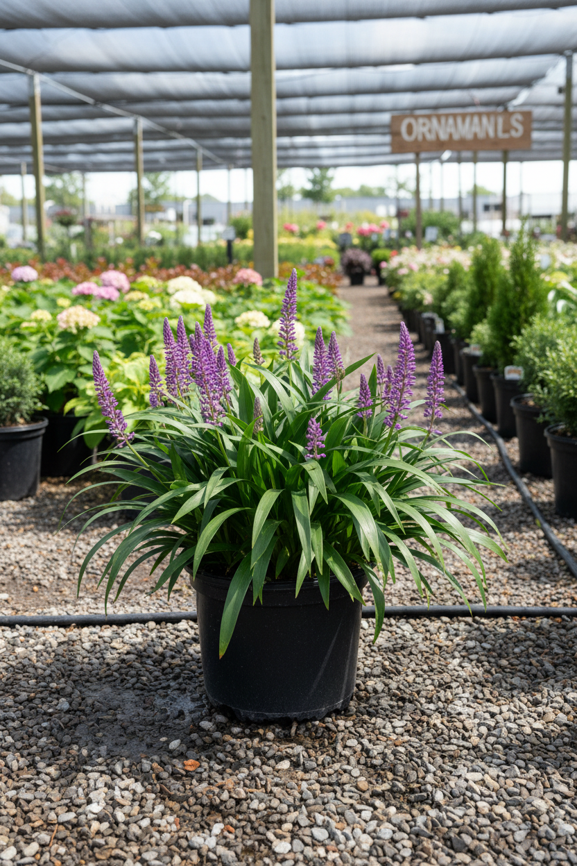 Big Blue Liriope in black nursery pot with dark green strap-like leaves and violet-purple flower spikes at garden center