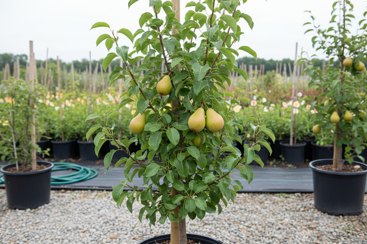 Bartlett Pear tree with green foliage and fruit, nursery stock