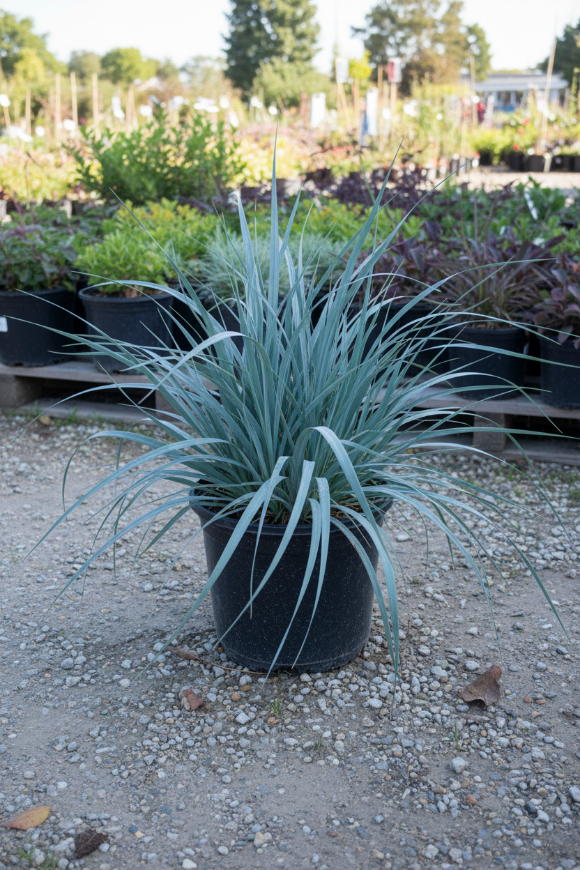 Blue Dune Lyme Grass in black nursery pot with bold electric blue-steel flat blades at garden center