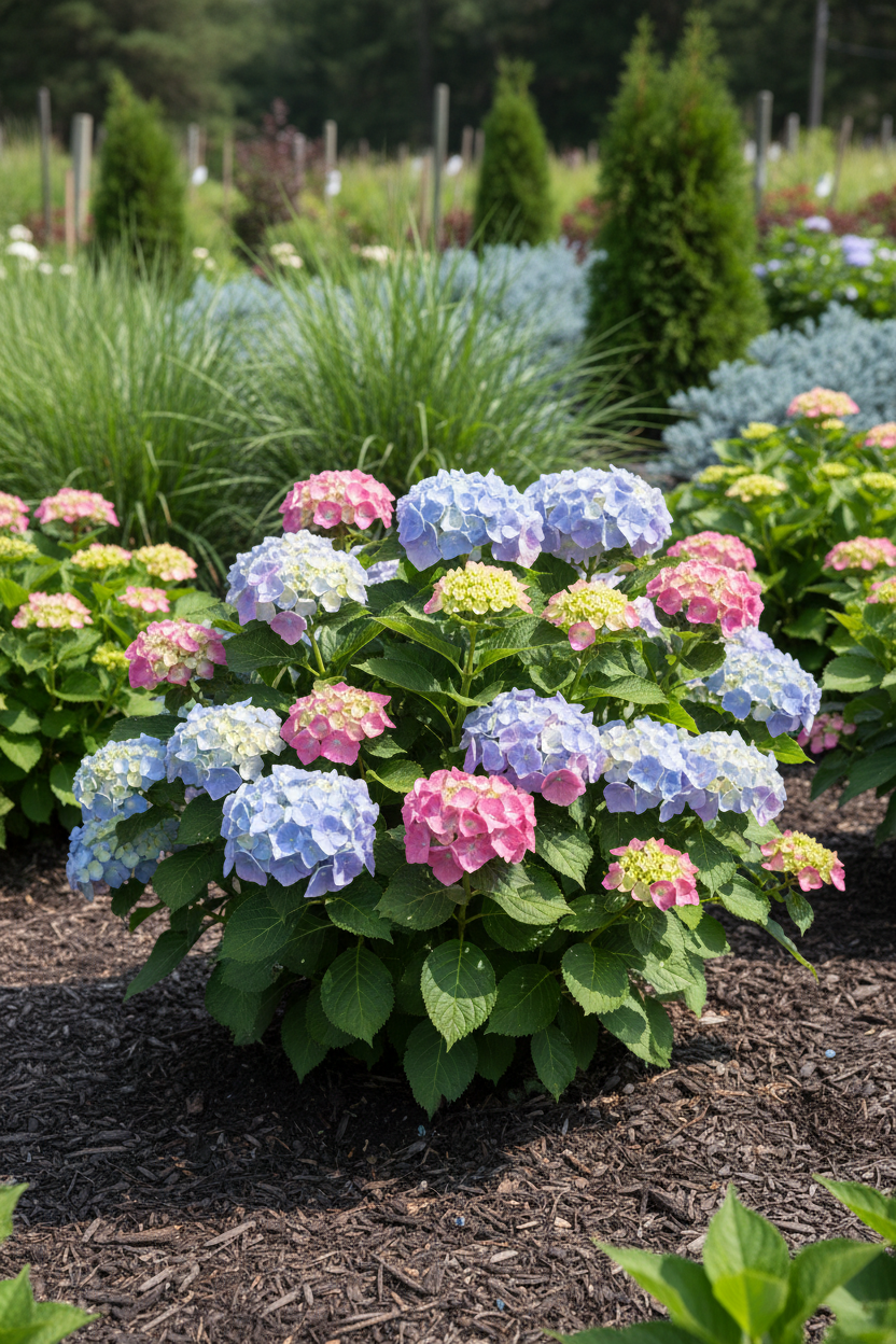 Tuff Stuff Top Fun mountain hydrangea in full bloom with large double lacecap flowers in blue to pink