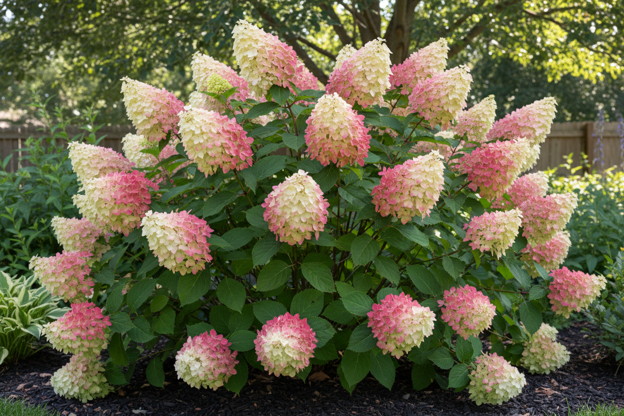 Little Quick Fire Hardy Hydrangea in full bloom with white to pink flower panicles