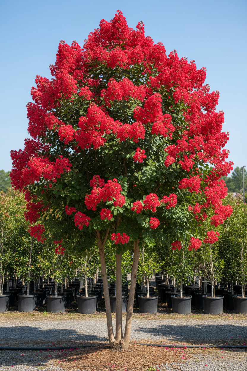 Dynamite Red Crape Myrtle in full bloom with brilliant cherry-red flower clusters