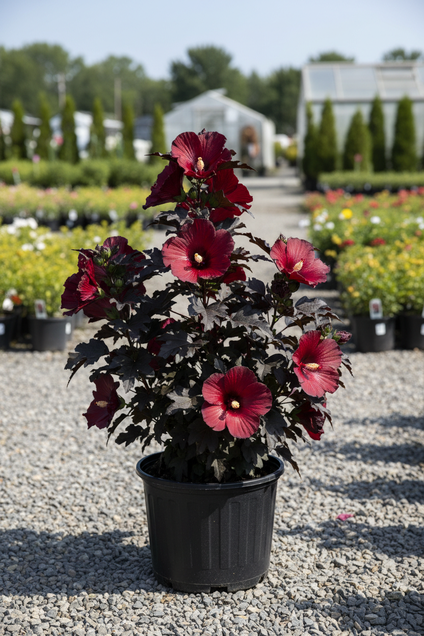 Dark Mystery Hardy Hibiscus in black nursery pot with enormous deep burgundy-red flowers and dark foliage at garden center