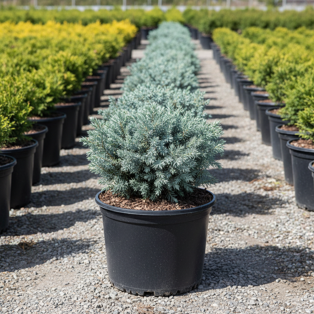 Blue Star Juniper in black nursery trade container, compact mounding dwarf evergreen with striking silvery-blue needle foliage, outdoor nursery lot background