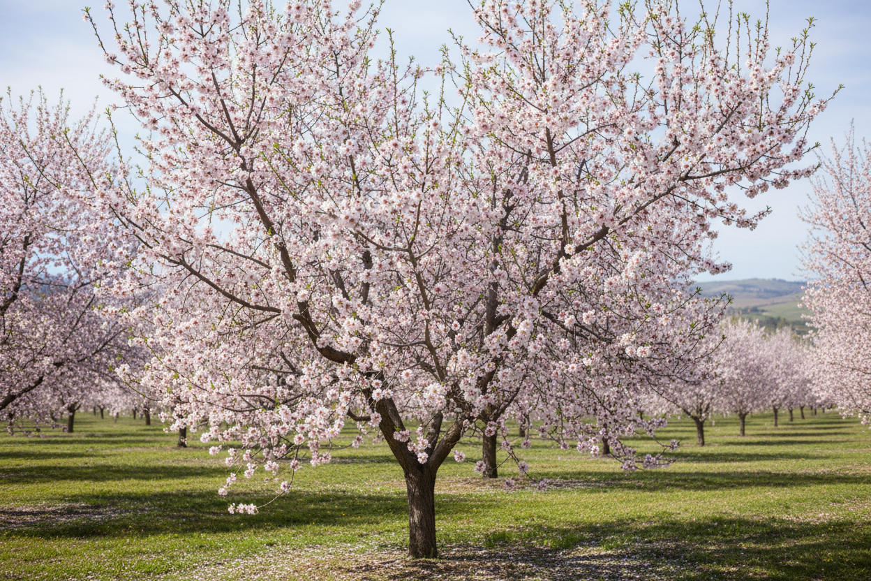 Butte almond tree in bloom with pale pink blossoms in early spring