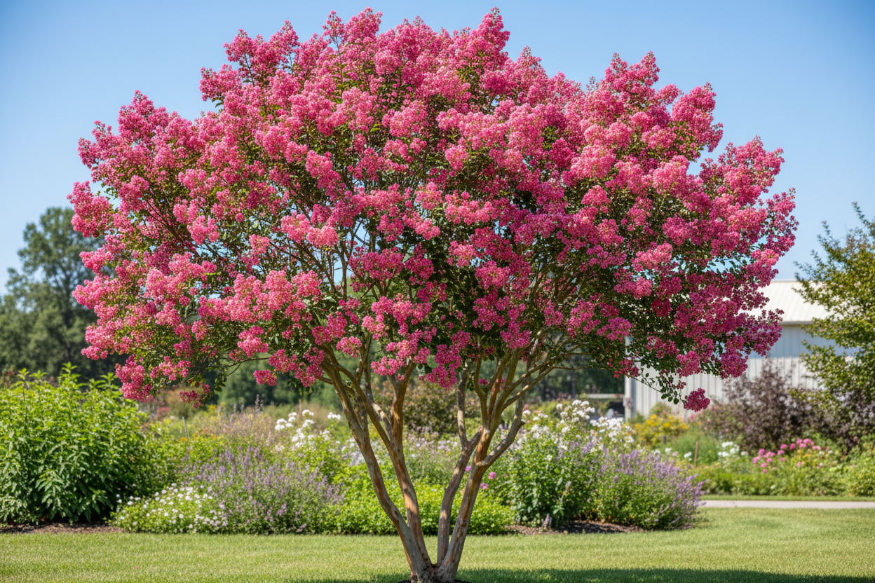 Sioux crape myrtle with deep pink blooms in upright tree form