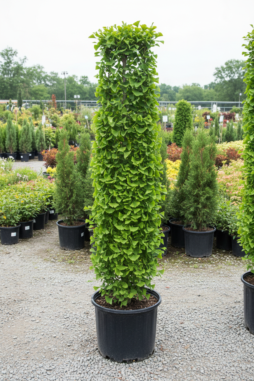 Ginkgo Princeton Sentry columnar tree in black nursery pot with fan-shaped green leaves at garden center