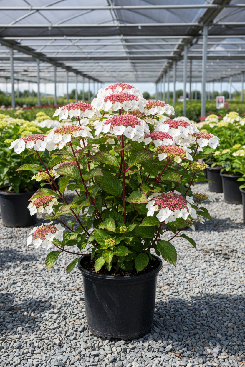 Lady in Red bigleaf hydrangea in black nursery pot with delicate white lacecap flowers and distinctive deep red stems